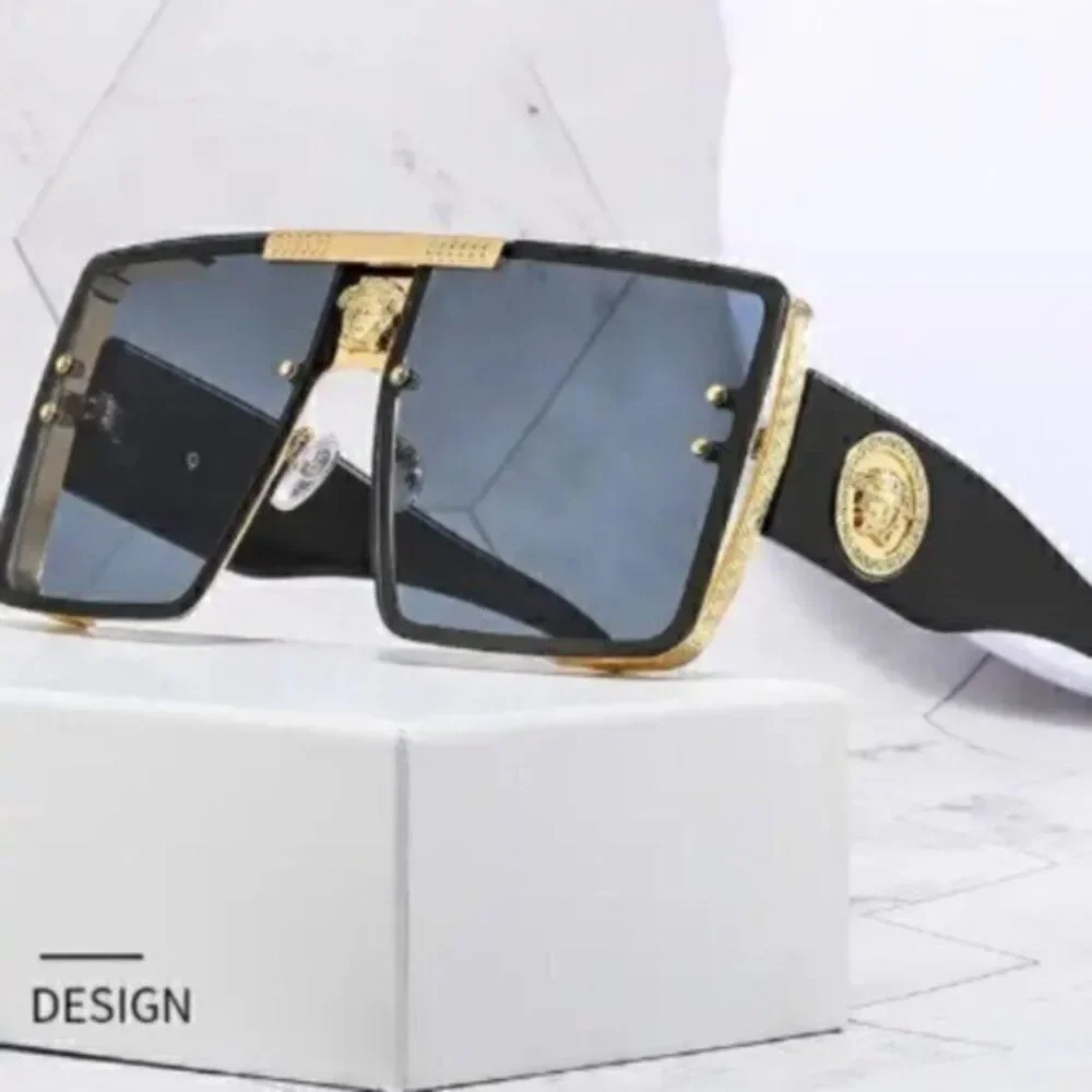 Black Sports Sunglasses Rivet Metal Frame Large Square Gold Frame